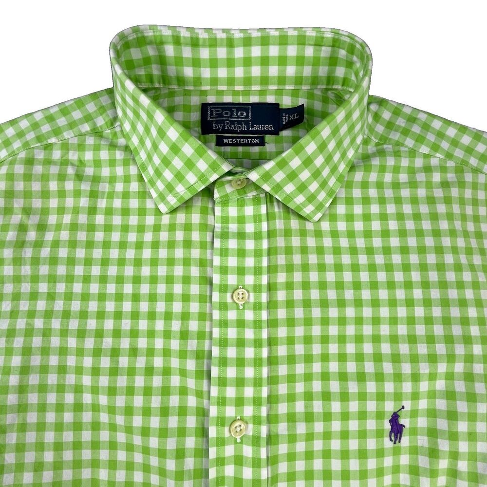 Vintage Polo Ralph Lauren Shirt Mens XL Green White Check Plaid Westerton Preppy